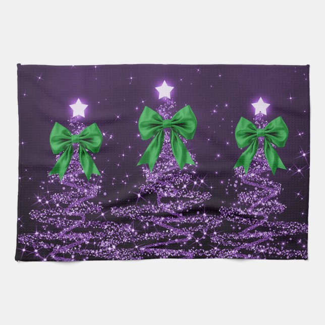 Christmas Sparkling Trees Purple Faux Green Bow  Kökshandduk (Horisontell)