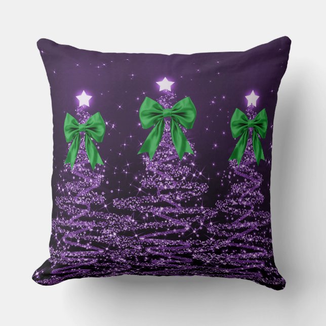 Christmas Sparkling Trees Purple Faux Green Bow  Kudde (Framsida)