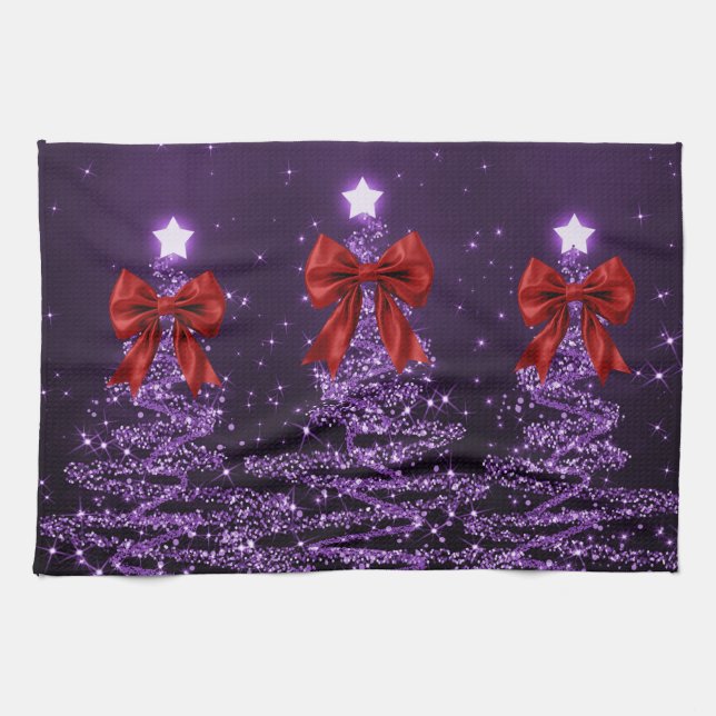 Christmas Sparkling Trees Purple Faux Red Bow  Kökshandduk (Horisontell)