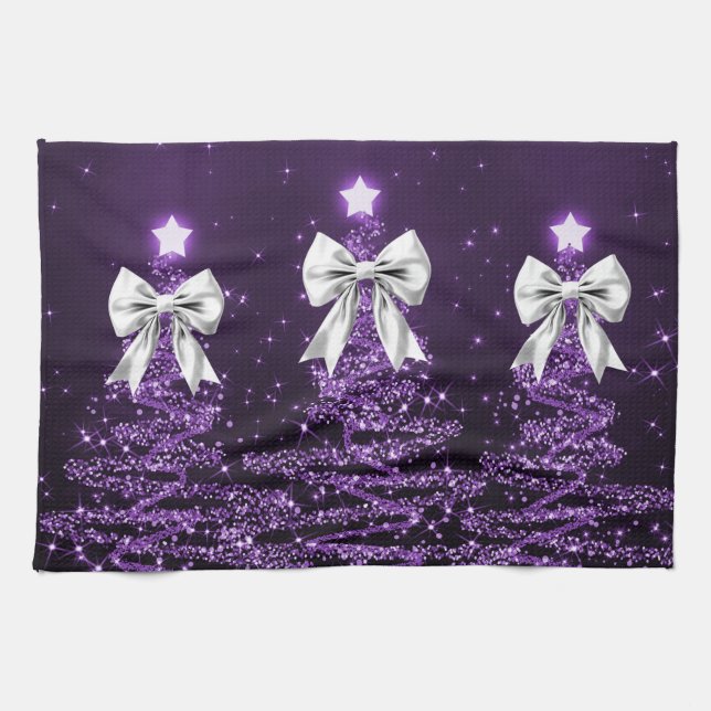 Christmas Sparkling Trees Purple Faux Silver Bow  Kökshandduk (Horisontell)