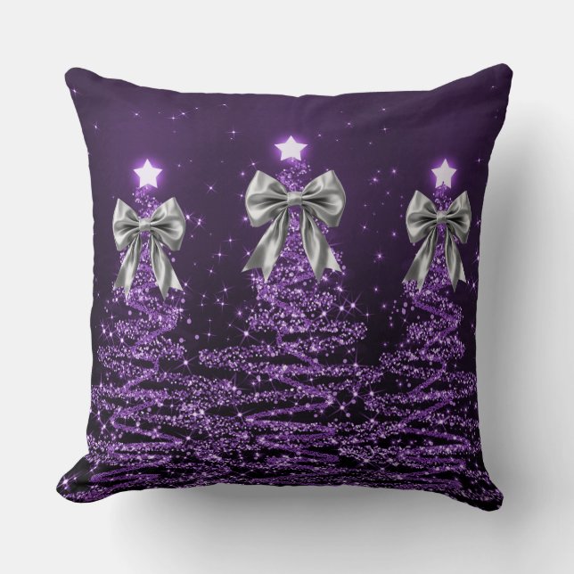 Christmas Sparkling Trees Purple Faux Silver Bow  Kudde (Framsida)