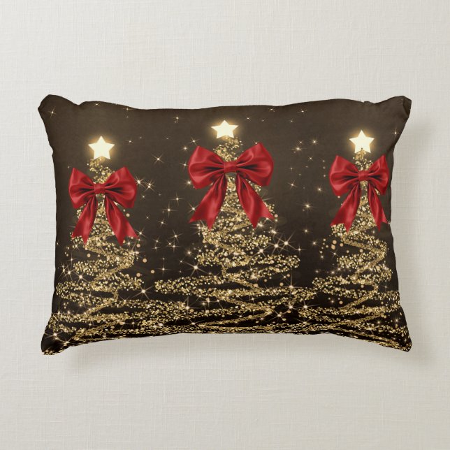 Christmas Sparkling Trees Red Gold Faux Bow  Prydnadskudde (Framsidan)