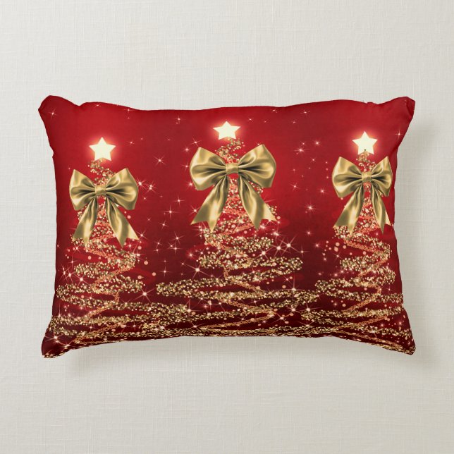 Christmas Sparkling Trees Red Gold Faux Bow  Prydnadskudde (Framsidan)