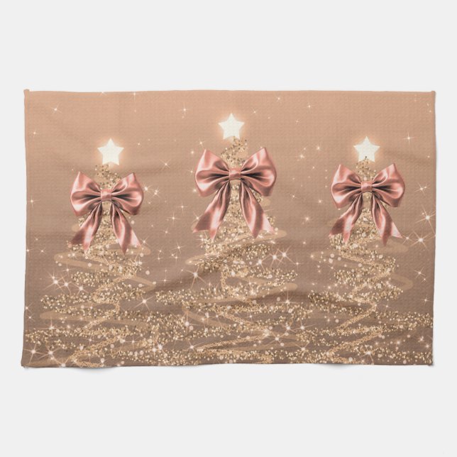 Christmas Sparkling Trees Rose Gold Faux Bow  Kökshandduk (Horisontell)
