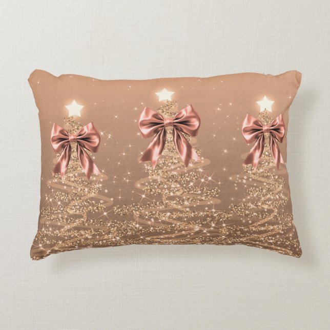 Christmas Sparkling Trees Rose Gold Faux Bow  Prydnadskudde (Framsidan)