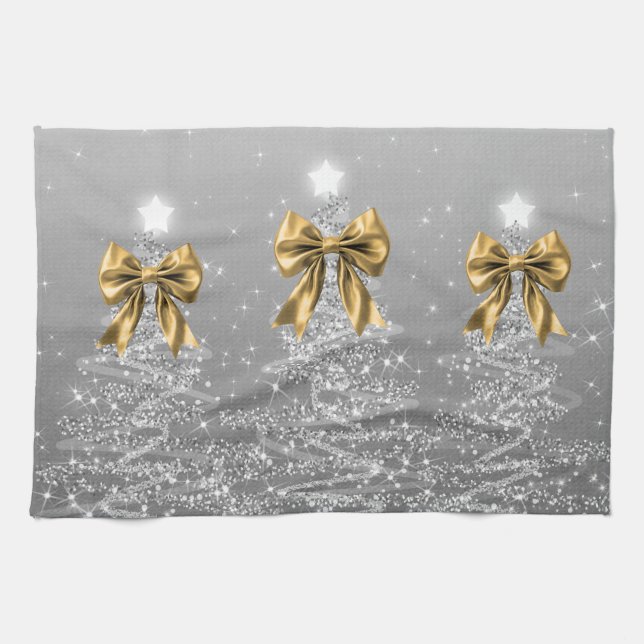 Christmas Sparkling Trees Silver Faux Gold Bow  Kökshandduk (Horisontell)
