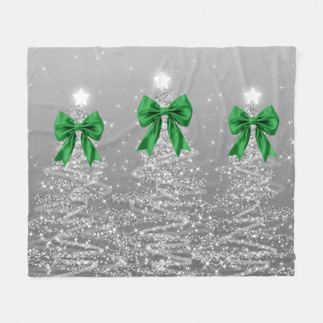 Christmas Sparkling Trees Silver Faux Green Bow  Fleecefilt (Framsidan (Horisontell))