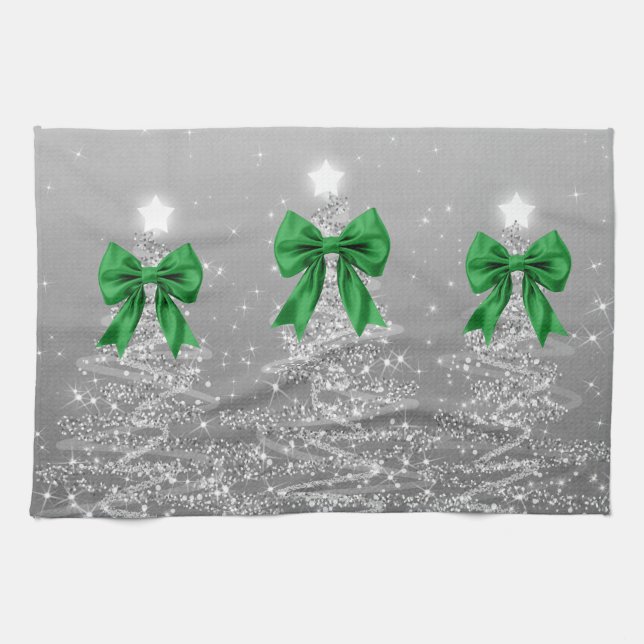 Christmas Sparkling Trees Silver Faux Green Bow  Kökshandduk (Horisontell)