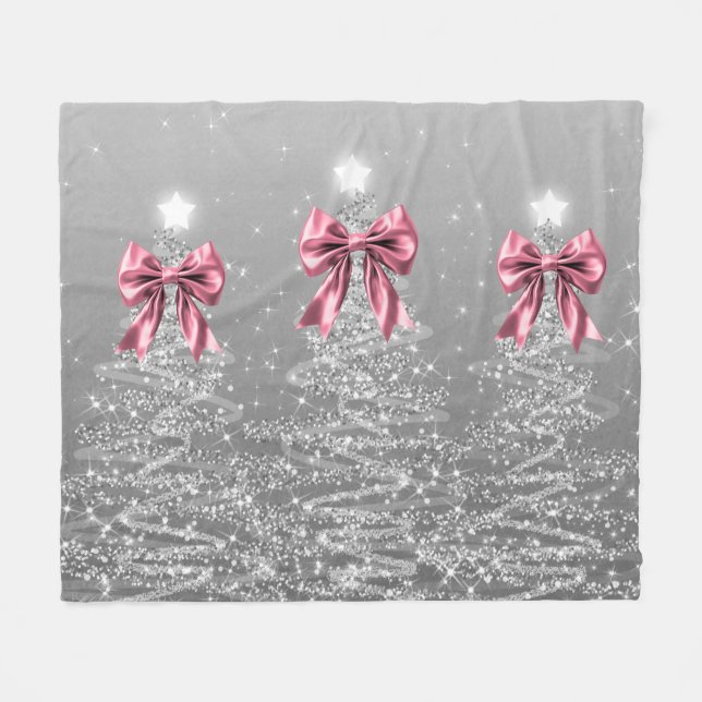 Christmas Sparkling Trees Silver Faux Pink Bow  Fleecefilt (Framsidan (Horisontell))