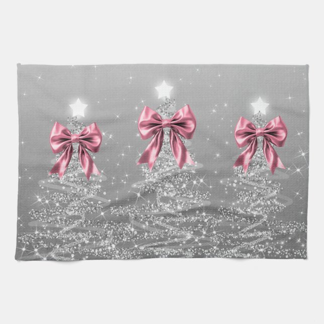 Christmas Sparkling Trees Silver Faux Pink Bow  Kökshandduk (Horisontell)