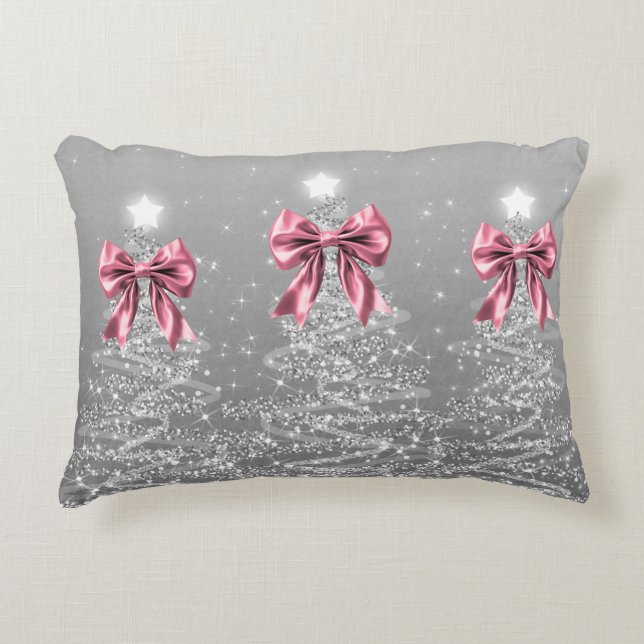 Christmas Sparkling Trees Silver Faux Pink Bow  Prydnadskudde (Framsidan)