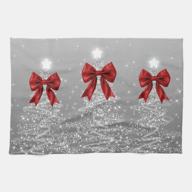 Christmas Sparkling Trees Silver Faux Red Bow  Kökshandduk (Horisontell)