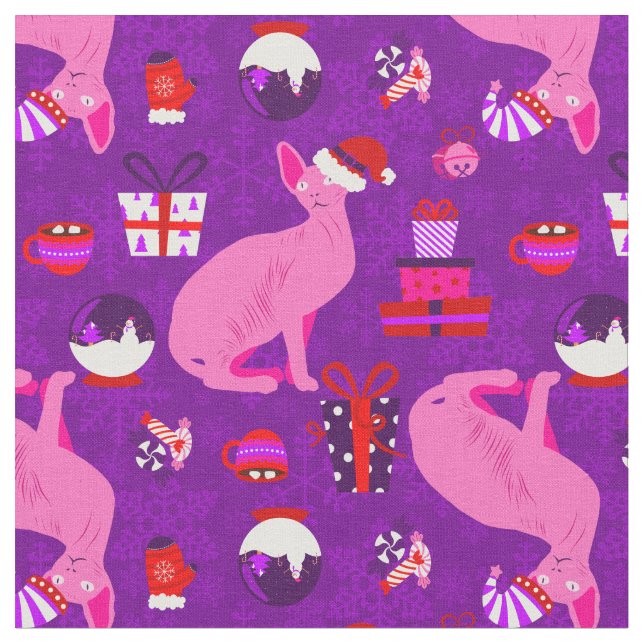 christmas sphynx cat Santa sphinx rosa Tyg (Närbild)