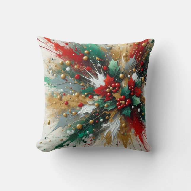 Christmas Splatter / Holly Leaves Kudde (Framsida)
