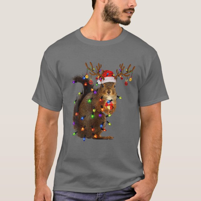 Christmas Squirrel Lights Squirrel Reindeer Funny T Shirt (Framsida)