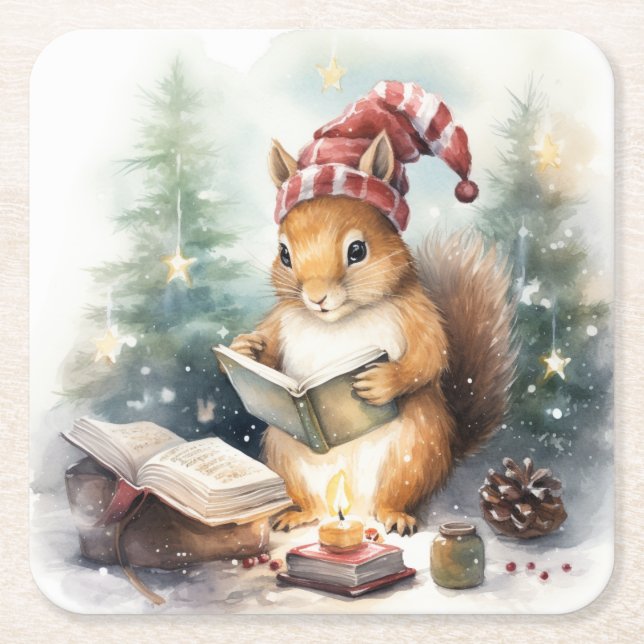 Christmas Squirrel reading Underlägg Papper Kvadrat (Framsidan)