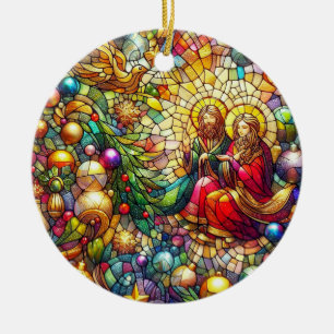 CHRISTMAS ~ Stached Glass Mary Joseph ~ Julgransprydnad Keramik