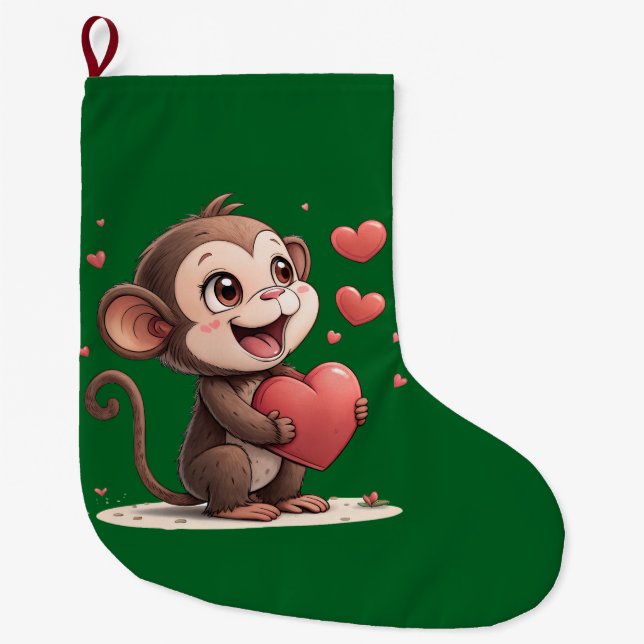 Christmas Stocking, Monkey Red Hearts Love Stor Julstrumpa (Framsidan)