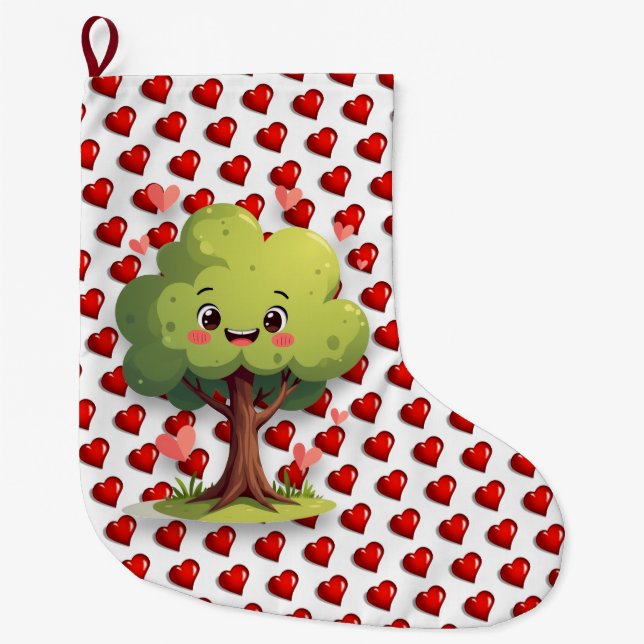 Christmas Stocking, Tree Red Hearts Love Stor Julstrumpa (Framsidan)
