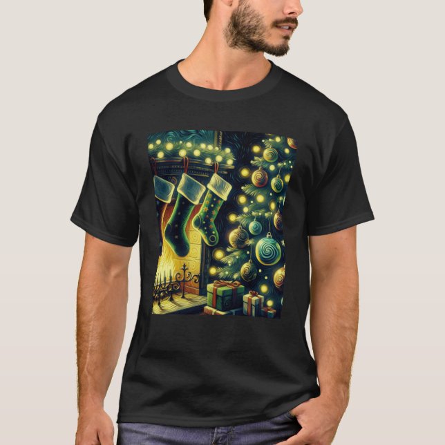 Christmas Stockings by the Fireplace Van Gogh Star T Shirt (Framsida)