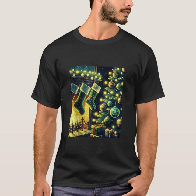 Christmas Stockings by The Fireplace Van Gogh Star T Shirt (Framsida)