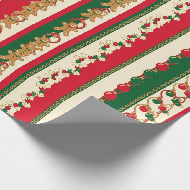 Christmas Stripes Gingerbread & Ornaments Pattern Presentpapper (Hörn)