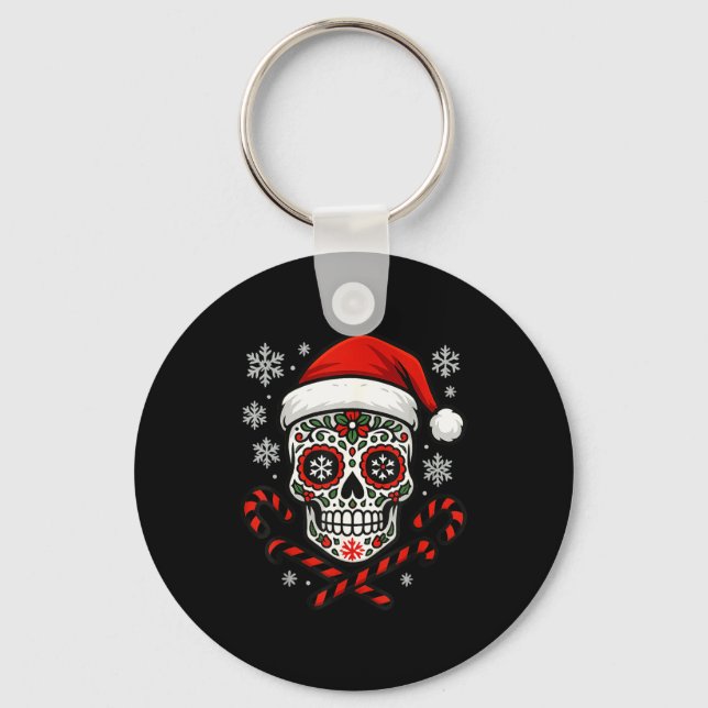Christmas Sugar Calavera Skull Santa Hat Candy Can Nyckelring (Framsida)