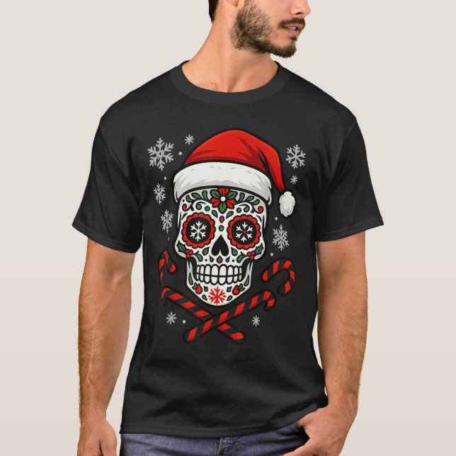 Christmas Sugar Calavera Skull Santa Hat Candy Can T Shirt (Framsida)