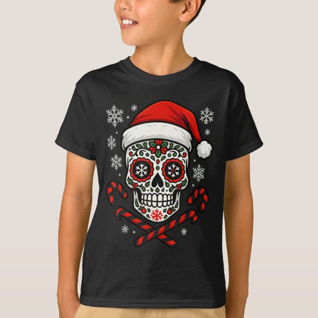 Christmas Sugar Calavera Skull Santa Hat Candy Can T Shirt (Framsida)