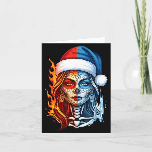 Christmas Sugar Skull Art Woman Santa Hat Fantasy  Kort (Framsida)