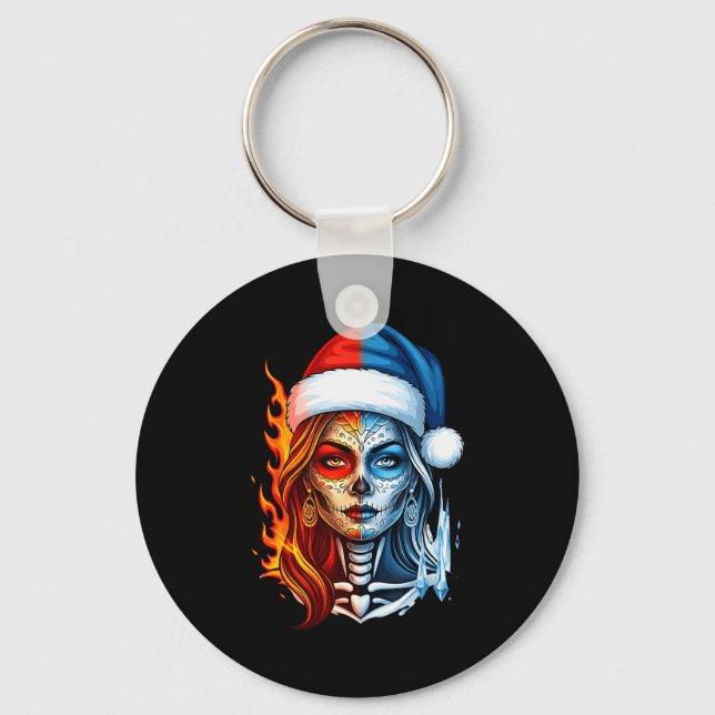 Christmas Sugar Skull Art Woman Santa Hat Fantasy  Nyckelring (Framsida)