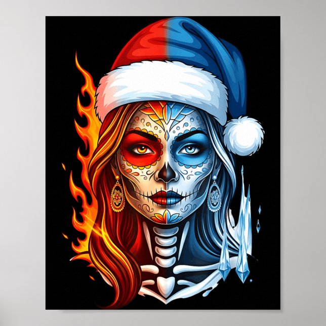 Christmas Sugar Skull Art Woman Santa Hat Fantasy  Poster (Framsidan)