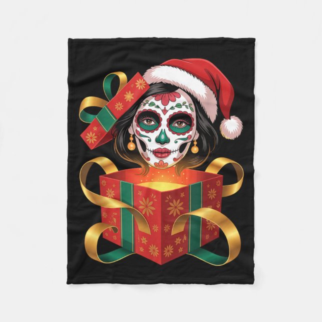 Christmas Sugar Skull Art Woman Santa Hat Festive  Fleecefilt (Framsidan)