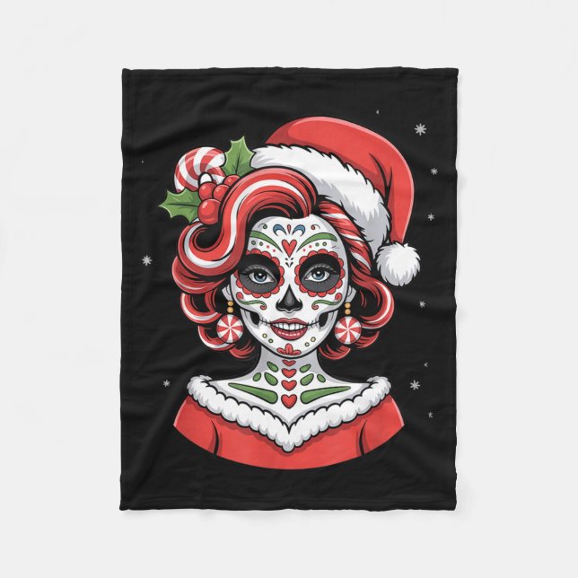 Christmas Sugar Skull Art Woman Santa Hat Festive  Fleecefilt (Framsidan)