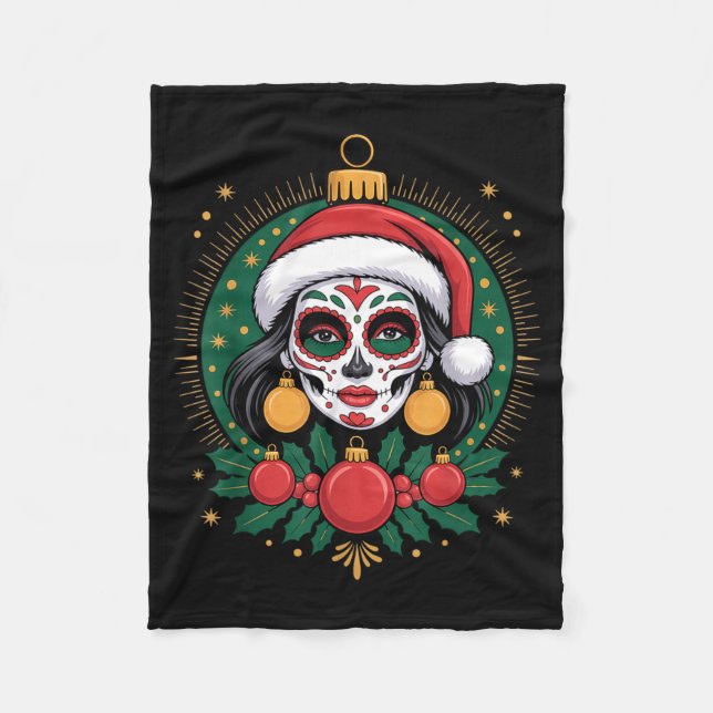 Christmas Sugar Skull Art Woman Santa Hat Festive  Fleecefilt (Framsidan)