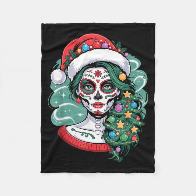 Christmas Sugar Skull Art Woman Santa Hat Festive  Fleecefilt (Framsidan)