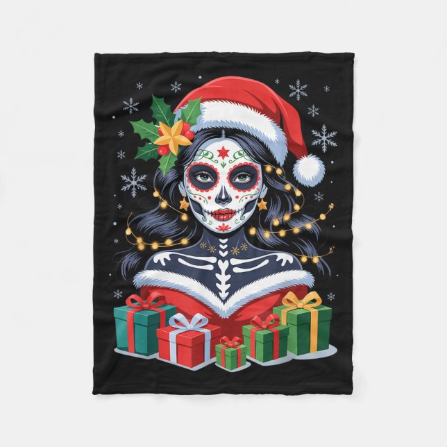 Christmas Sugar Skull Art Woman Santa Hat Festive  Fleecefilt (Framsidan)