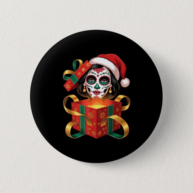 Christmas Sugar Skull Art Woman Santa Hat Festive  Knapp (Framsida)