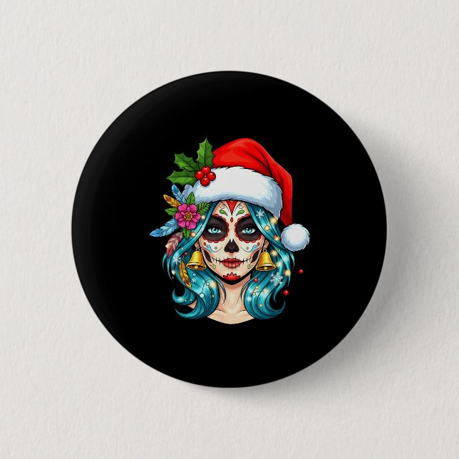 Christmas Sugar Skull Art Woman Santa Hat Festive  Knapp (Framsida)