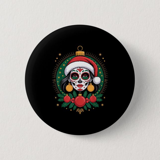 Christmas Sugar Skull Art Woman Santa Hat Festive  Knapp (Framsida)