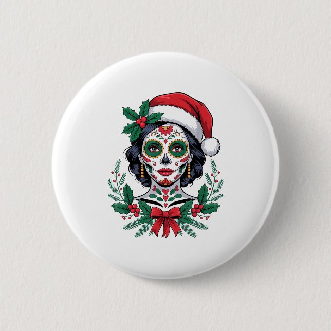 Christmas Sugar Skull Art Woman Santa Hat Festive  Knapp (Framsida)