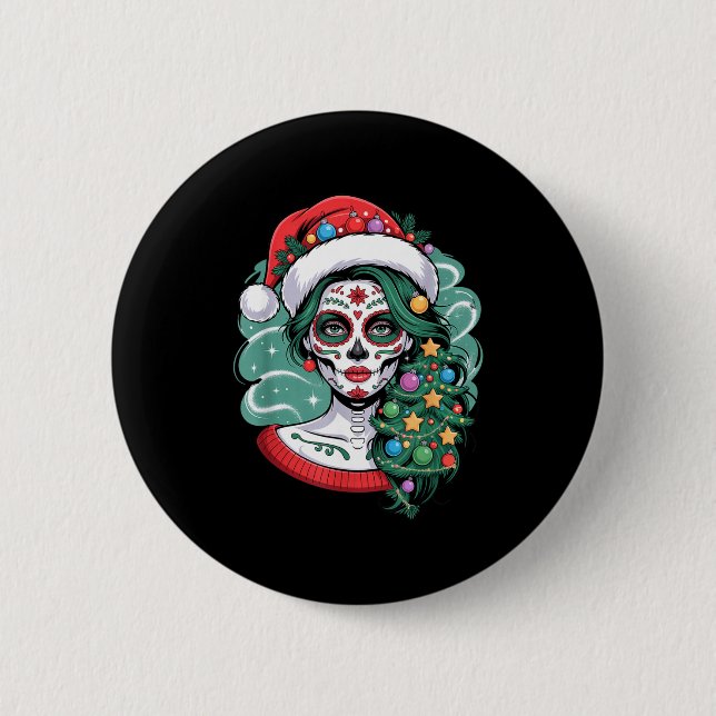 Christmas Sugar Skull Art Woman Santa Hat Festive  Knapp (Framsida)