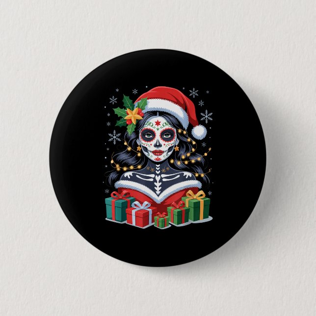 Christmas Sugar Skull Art Woman Santa Hat Festive  Knapp (Framsida)