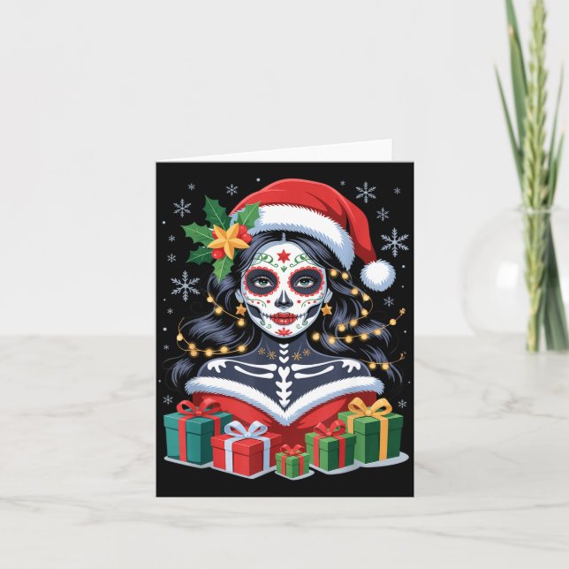Christmas Sugar Skull Art Woman Santa Hat Festive  Kort (Framsida)