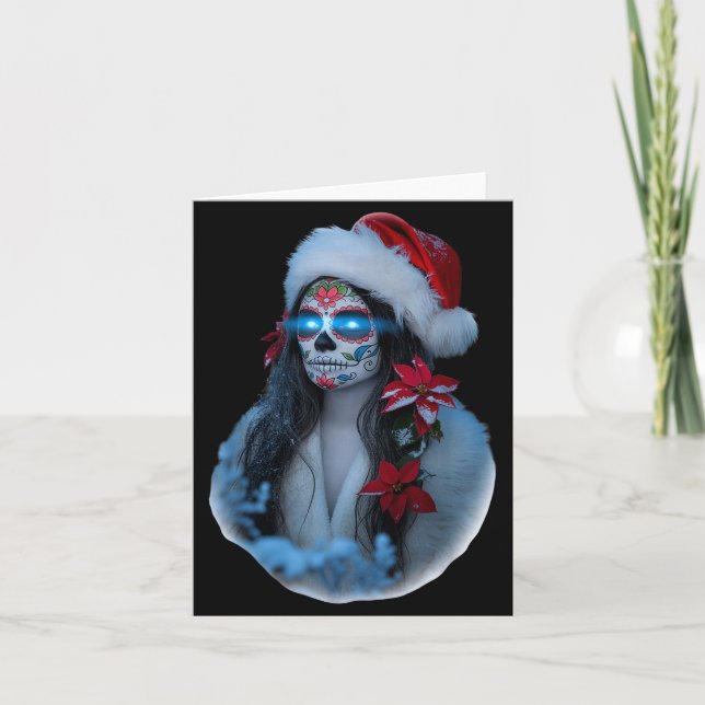Christmas Sugar Skull Art Woman Santa Hat Festive  Kort (Framsida)