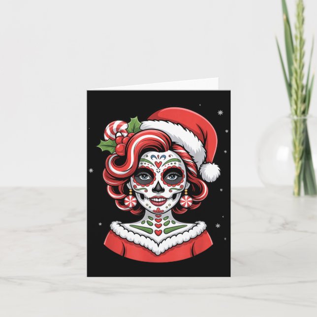 Christmas Sugar Skull Art Woman Santa Hat Festive  Kort (Framsida)