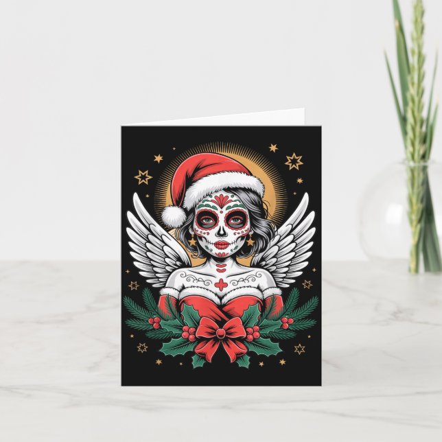 Christmas Sugar Skull Art Woman Santa Hat Festive  Kort (Framsida)