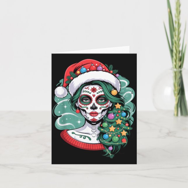 Christmas Sugar Skull Art Woman Santa Hat Festive  Kort (Framsida)