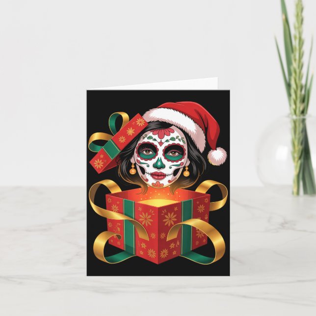 Christmas Sugar Skull Art Woman Santa Hat Festive  Kort (Framsida)