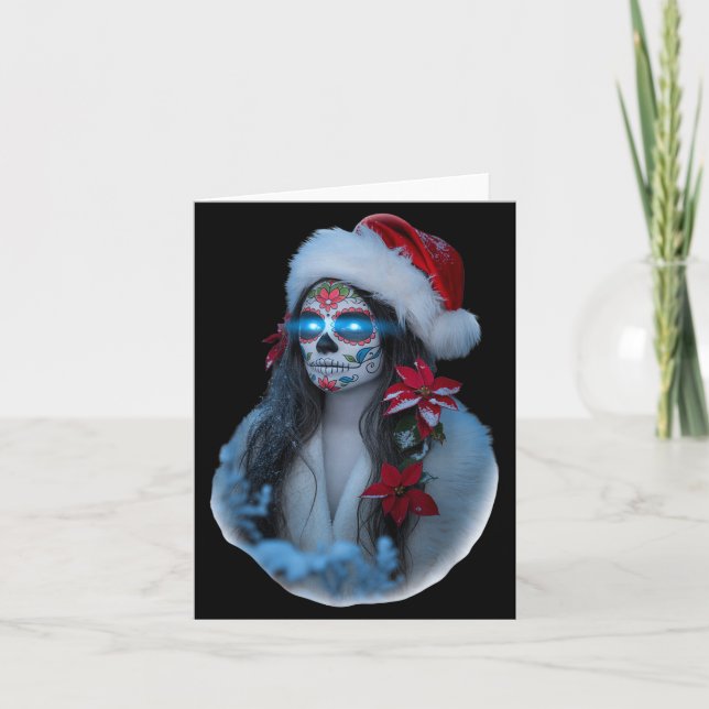 Christmas Sugar Skull Art Woman Santa Hat Festive  Kort (Framsida)
